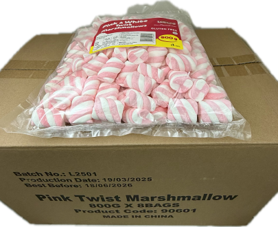 Pink & White Marshmallow Twists 800g - 8 pack Bulk Carton