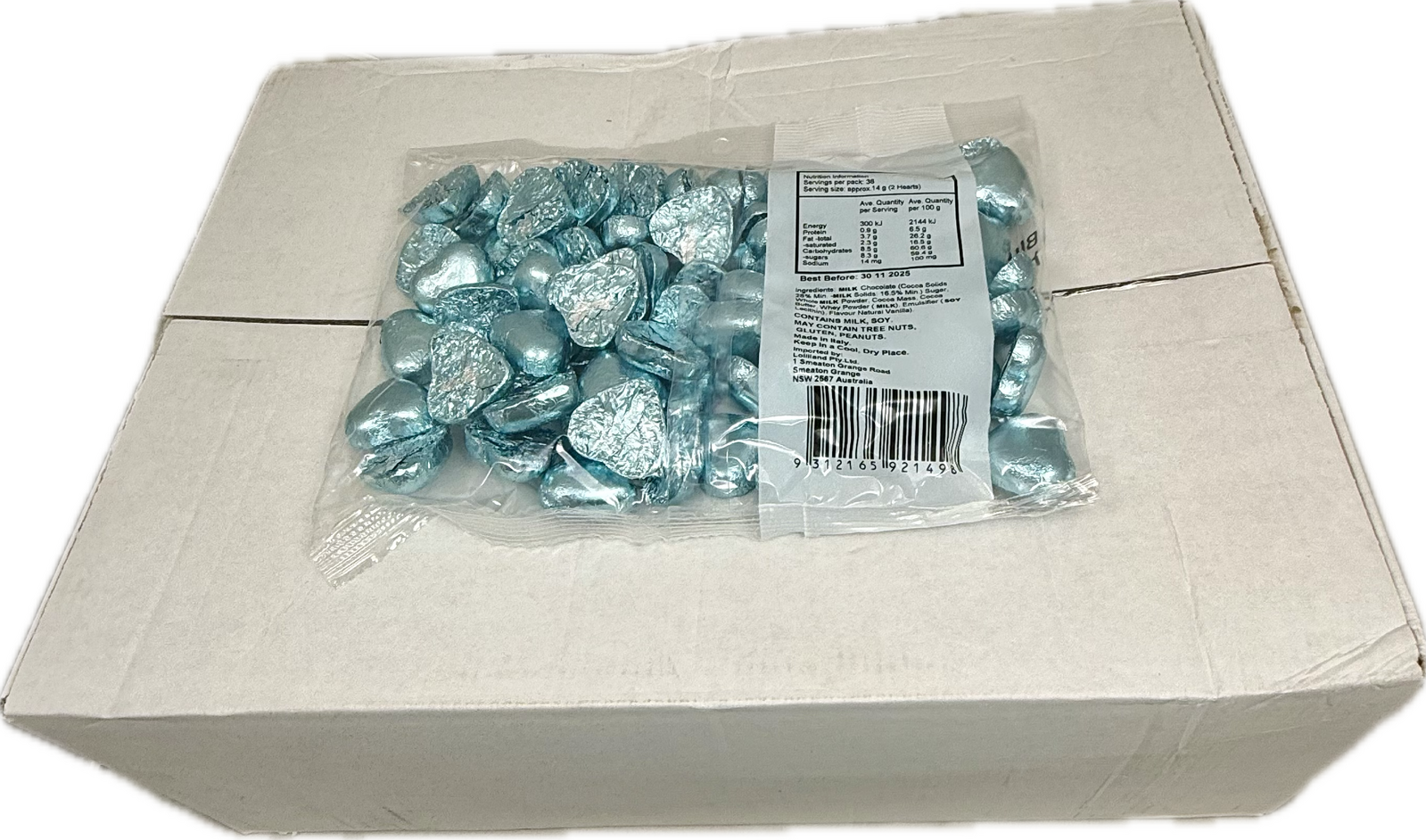 Blue Chocolate Hearts 500g Carton of 12
