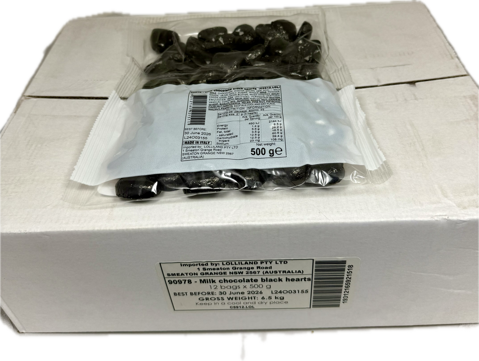 Black Chocolate Hearts 500g Carton of 12