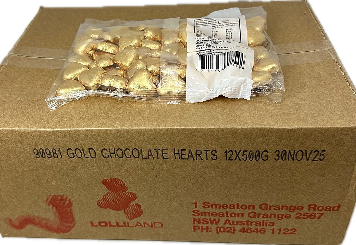 Gold Chocolate Hearts 500g Carton of 12
