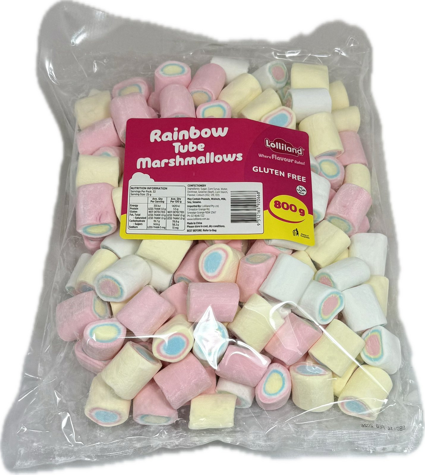 Rainbow Tube Mallow 800 g - Bulk Lollies ( Best Before - February 14