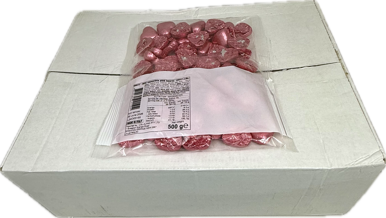 Pink Chocolate Hearts 500g Carton of 12 ( Best Before - June 30