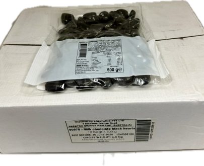 Black Chocolate Hearts 500g Carton of 12